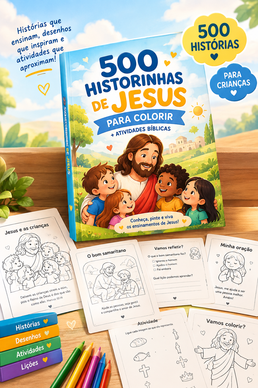 Capa do material 500 Historinhas de Jesus para Colorir